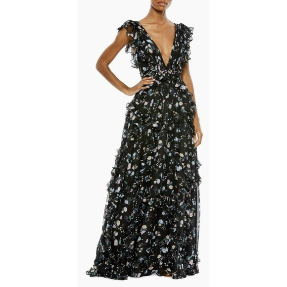 Mac Duggal Dresses & Skirts - Mac Duggal Sz 10 Black Floral Beaded Waist Formal Gown Maxi Dress NWT